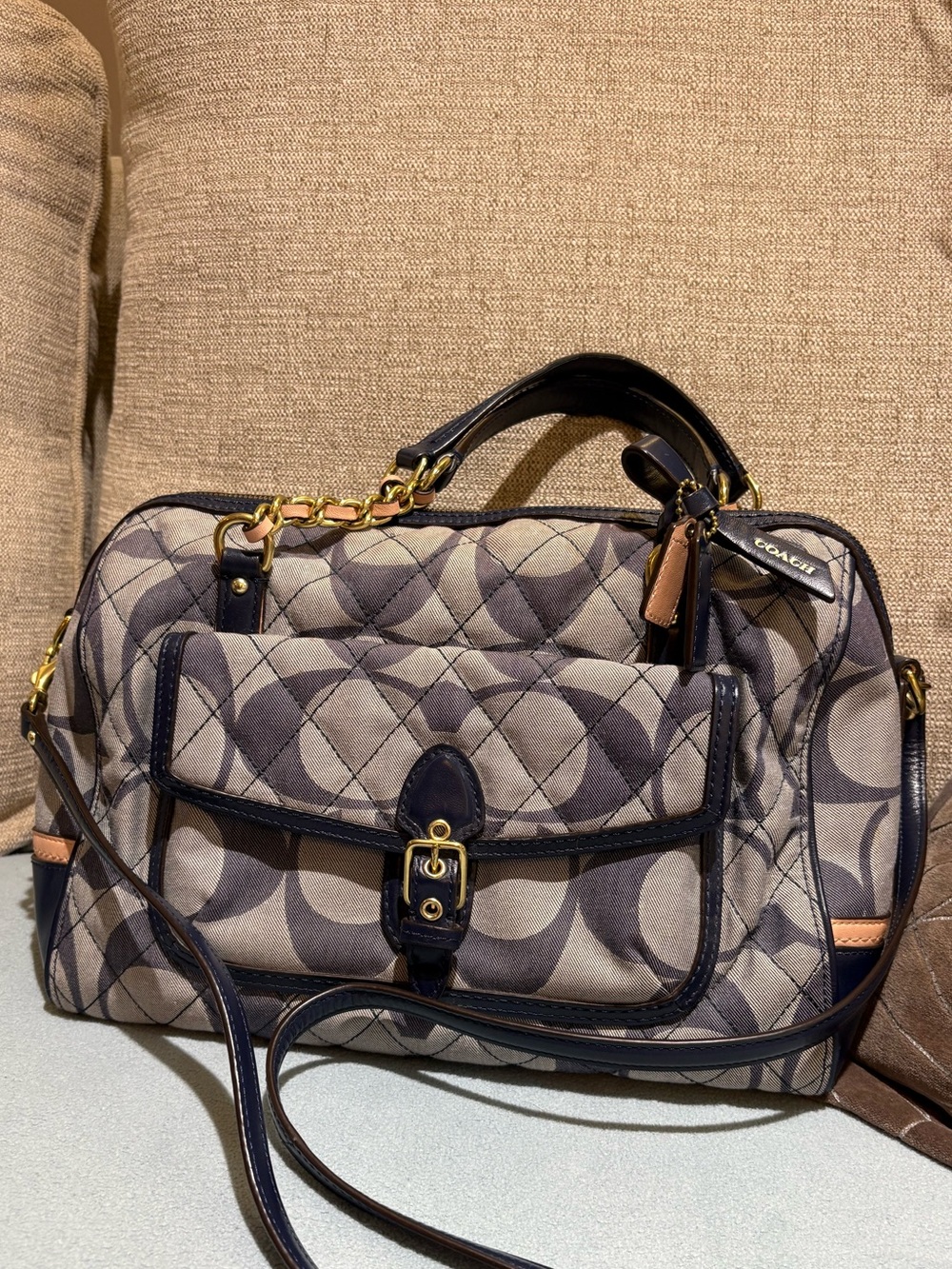 Coach Quilted Signature Satchel in Navy and Gray